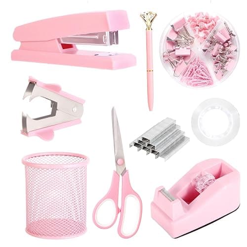 Pink Desk Accessories, Pink Office Supplies Set with Stapler, Tape Dispenser, Staple Remover, Pen Holder, Scissor, Binder/Paper Clips, Ballpoint Pen, Clear Tape and 1000pcs Staples - Image 1