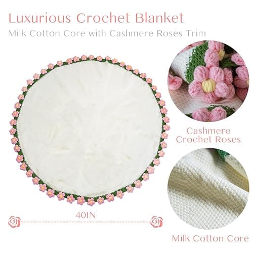 EIGHTOWN 43'' Crochet Flowers Rose Bouquet Blanket Finished - Handmade Knitted Throw Blanket with Pink Puff Flowers - Home Décor Ideal Women Gift for Mom - Mother's Day Birthday Valentine's Day thumbnail 4