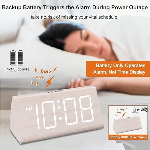 DreamSky Wooden Digital Alarm Clock for Bedroom - Living Room Desk Clock with Large Numbers, Bedside Nightstand Clock with USB Port, Adjustable Volume, Dimmer, DST, Office Wood Décor, Adapter Powered thumbnail 5