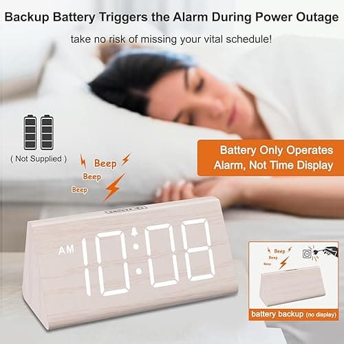 DreamSky Wooden Digital Alarm Clock for Bedroom - Living Room Desk Clock with Large Numbers, Bedside Nightstand Clock with USB Port, Adjustable Volume, Dimmer, DST, Office Wood Décor, Adapter Powered thumbnail 6