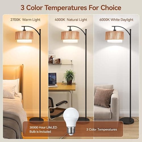 SUNMORY Floor Lamps for Living Room with 12W LED Bulb, Arc Floor Lamp with 3 Color Temperatures, Farmhouse Floor Lamps with Adjustable Rattan & Fabric Shades, Boho Standing Lamp for Bedroom, Corner thumbnail 2