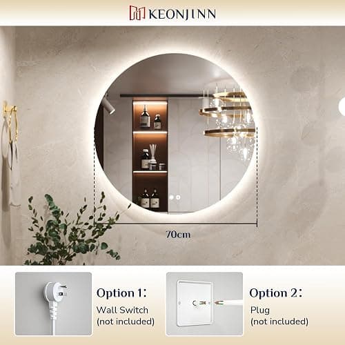 Keonjinn Badspiegel mit Beleuchtung Rund 70cm, Badezimmerspiegel mit Beschlagfrei Touch Schalter Speicherfunktion 3 Lichtfarben Dimmbarer LED Bad Spiegel Ohne Rahmen Badezimmer Wandspiegel thumbnail 8