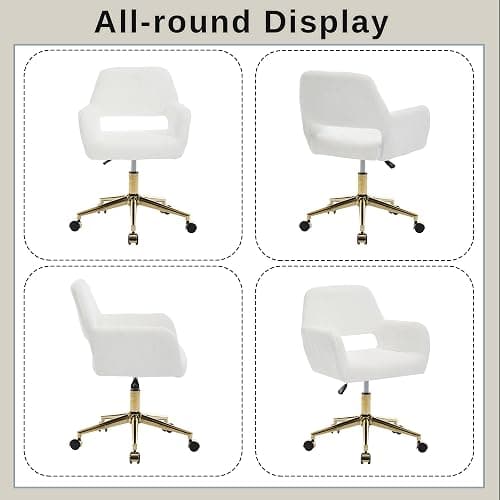 HENGJIANYI Faux Fur Swivel Desk Chair, Modern Fluffy Makeup Vanity Chair, Height Adjustable Armchair with Gold Base, Ergonomic Office Chair with Hollowed Back, White thumbnail 8