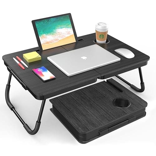 BUYIFY Portable Foldable Laptop Desk for Bed and Couch, Adjustable Lap Desk with Cup Holder and Phone Holder, Ideal for Working, Reading, Writing, and Breakfast (Black) - Image 1