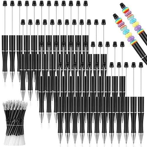 Crtiin 100 Pieces Plastic Beadable Pen Bulk Kit 50 Bead Ballpoint Shaft Black Ink Beaded Pens with 50 Refills for DIY Making Christmas Holiday Gift for Kid Student Office(Black) - Image 1