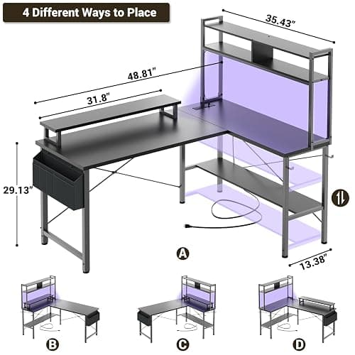 Aheaplus L Shaped Gaming Desk with Power Outlets & LED Lights, Small L- Shaped Desk Computer Corner Desk with Monitor Stand & Storage Shelf, Home Office Desk Writing Desk with Storage Bag, Black thumbnail 2