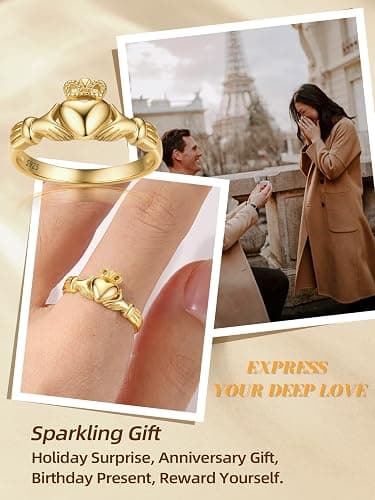 🙏🙏🙏Bestyle 925 Sterling Silver Ring for Women, Minimalist Claddagh Ring Celtic Knot Ring for Women, Irish Promise Wedding Band, Gold/Rose Gold Vermeil Women Band Ring, Stackable, Gift for Her thumbnail 8