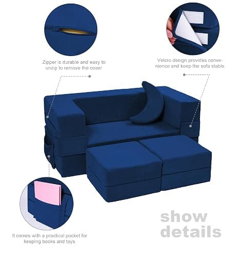 Elftopia Modular Kids Sofa,Toddler Couch Foam Armchair for Kids, Children Convertible Plush Sofa Play Set,Fold Out SofaBed(Navy) thumbnail 6