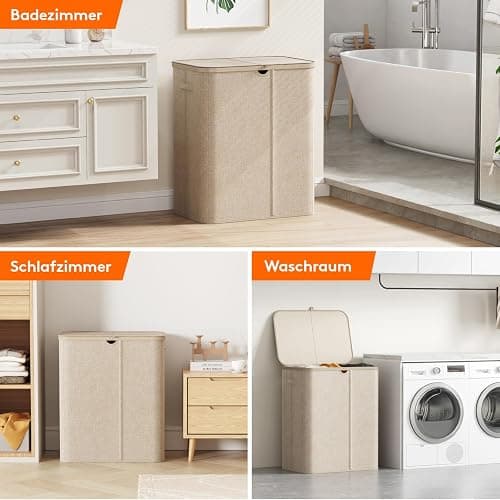 Lifewit 165L Wäschekorb mit Deckel und 3 Fächern, Beige | Großer faltbarer Wäschesortierer mit 3 Wäschesäcken und Tragegriffen für Schlafzimmer, Bad und Waschküche thumbnail 9