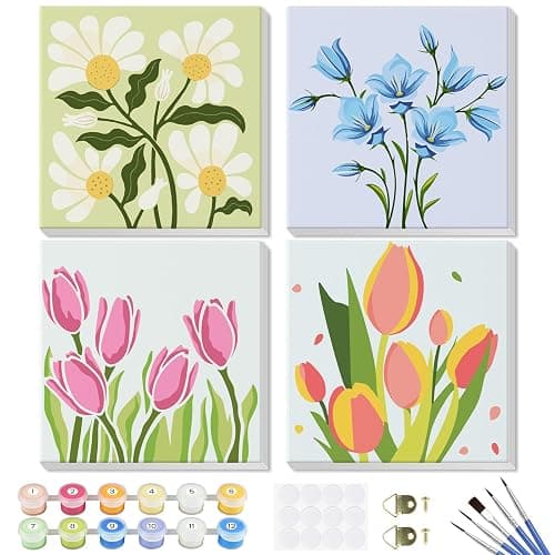 GHHKUD Paint by Numbers Kits for Adults Beginners, 4 Pack Canvas Painting by Numbers Kit for Kids, Flowers Landscape Acrylic Paint by Numbers with Wooden Frame, Crafts for Home Wall Decor (8x8inch) - Image 1