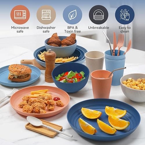 Wheat Straw Dinnerware Sets,64-Piece Plates and Bowls Sets for 8-Unbreakable,Reusable Plastic Dish Set-Dinner Plate/Dessert Plate/Cereal Bowl/Cup/Utensils-Microwavable Dishwasher Safe 64P-Deep Blue thumbnail 5