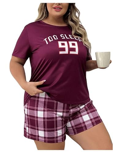 GORGLITTER Women's Plus Size Pajama Set 2 Piece Letter Short Sleeve Shirt Plaid Boxer Shorts Pjs Lounge Sets thumbnail 5