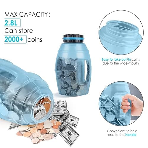 X-Large Piggy Bank for Adults, Vcertcpl Digital Counting Bank with LCD Counter, 2.8L Capacity Coin Bank Money Jar, Designed for All US Coins (Blue2) thumbnail 4