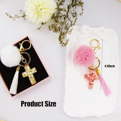 Tinsparkwin 2Packs Cross Pom Pom Keychains Christian Keyring Tassels Plush Resin Jesus Key Chain Bag Charm Phone Key thumbnail 5