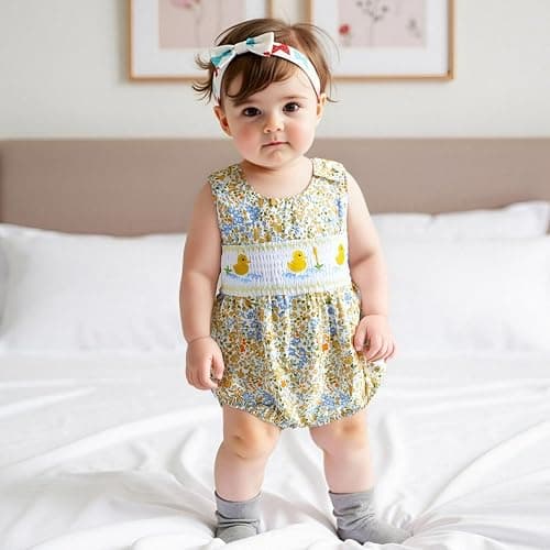 Xnqiwq Baby Girl Floral Bubble Romper with Duck Embroidery Sleeveless Smocked Bodysuit Farm Animal Summer Outfit thumbnail 2