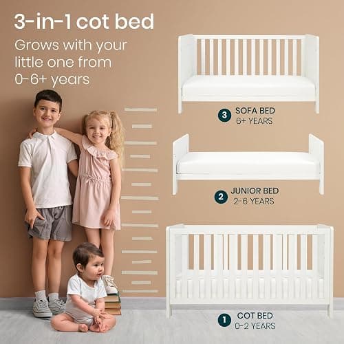 Tutti Bambini Alba 3-in-1 Baby Cot Bed (0-6 years) 140x70 cm - 3 modes: Wooden Baby Crib, Toddler Bed & Day Bed, Convertible Baby Bed, Adjustable Base, (White) thumbnail 3