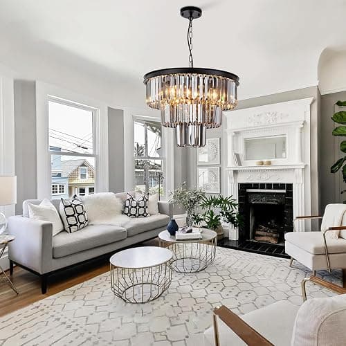 HCCZ 8 Light Black Crystal Chandelier 20'' Luxury Smoke Modern Dining Room Light Fixture 3-Tier Round Hanging Pendant Ceiling Lighting for Entryway Foyer Living Room Adjustable Height E12 thumbnail 8
