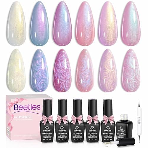 Beetles Pearl Gel Nail Polish, 6 Colors Shimmer Pearl White Pink Purple Mermaid Nail Drawing Spring Gel Polish Soak Off Uv Gel Polish Swirl Shell Thread Effect DIY Manicure Nail Art Gifts for Women - Image 1