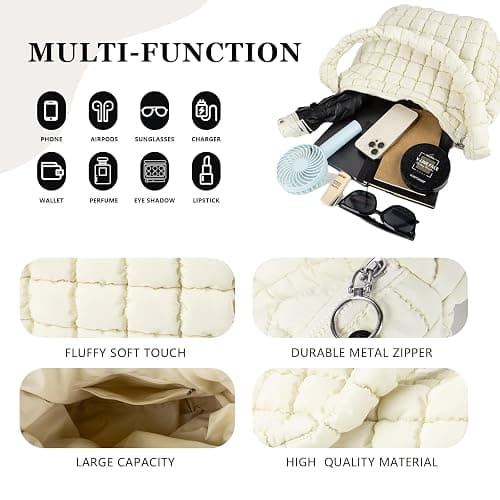 Quilted Puffer Tote Bag Puffy Crossbody Shoulder Bag with Zipper, Nylon Hobo Handbag Travel Carryall Bags for Women Girls thumbnail 4