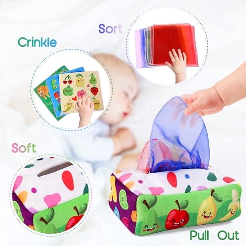 YOGINGO Baby Toys 6 to 12 Months - Tissue Box Toy Montessori for Babies 6-12 Months, Soft Stuffed High Contrast Crinkle Infant Sensory Toys, Boys&Girls Kids Early Learning Gifts thumbnail 3