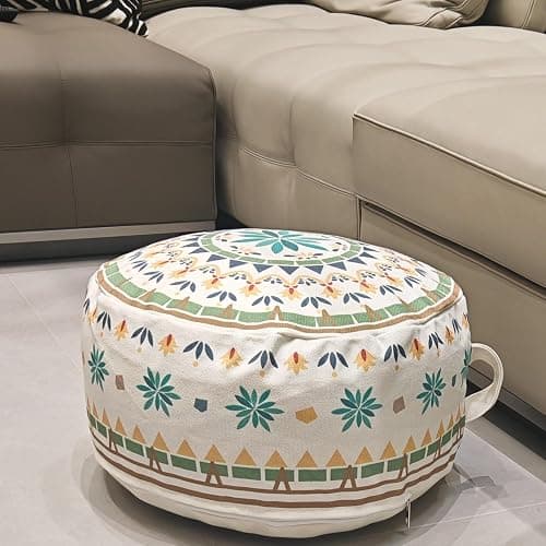 MOCOFO Round Bohemian Ottoman Pouf Cover, 18 Inch, Cotton Blend, Church Window Print, Living Room Storage Footrest, Cover Only (Green Diamond) thumbnail 6