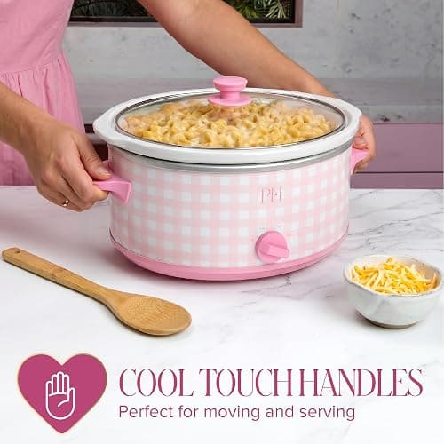 Paris Hilton 6-Quart Manual Slow Cooker, Features Three Settings (Low, High, Warm), Naturally Nonstick and Dishwasher Safe Stoneware Insert, Family Sized Capacity, Gingham Pink thumbnail 6