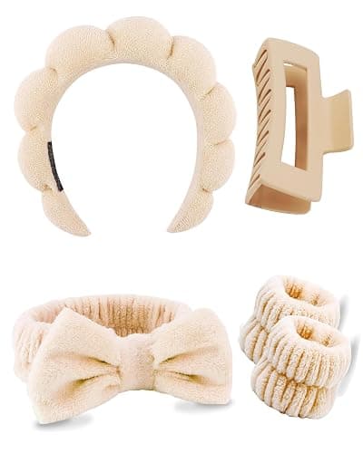 5 Pcs Spa Headbands for Wash Face, Makeup Headband, Facial Skincare Headbands, Puffy Sponge Spa Headband Bow Tie Hair Band Hair Clips Wristband Set Women Girls (khaki) - Image 1