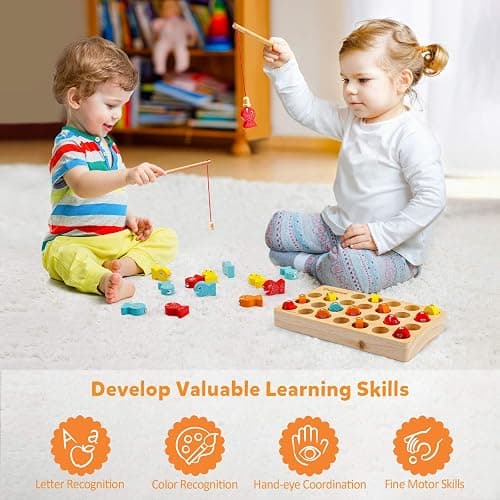 Coogam Wooden Magnetic Fishing Game, Fine Motor Skill Toy ABC Alphabet Color Sorting Puzzle, Montessori Letters Cognition Preschool Gift for Years Old Kid Early Learning with 2 Pole thumbnail 5