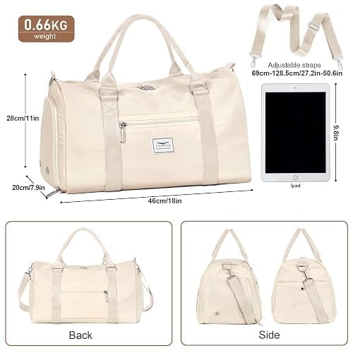 FIORETTO Womens Gym Tote Duffle Bag with Wet Pocket & Shoe Compartment, Sports Duffel Overnight Weekender Hospital Workout Carry on Bag for Girls, Ideal for Travel, Swimming, Dance, Ballet Beige thumbnail 3