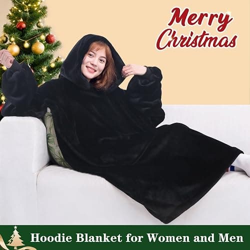 Waitu Wearable Blanket Sweatshirt Gifts for Women and Men, Warm and Cozy Giant Blanket Hoodie, Thick Flannel Blanket with Sleeves and Giant Pocket - Black thumbnail 3