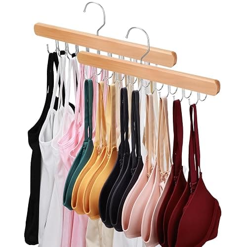 NECAMOCU 2 Pack Bra Hanger for Closet Organizer, Premium Wooden Tank Top Hangers with 36 Foldable Hooks, 360° Rotating Design, Space Saving Storage for Tank Tops, Bras, Scarves and More thumbnail 2