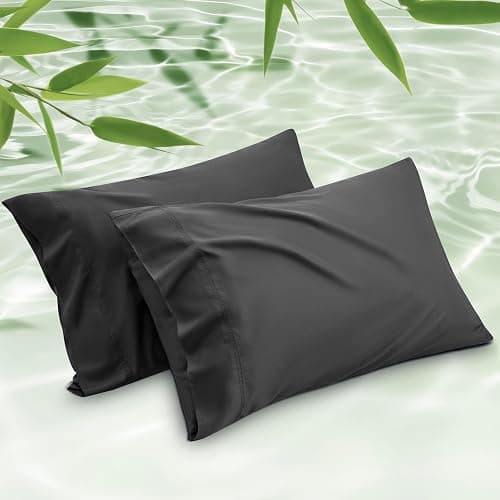 Bedsure Pillow Cases Queen, Cooling Pillow Cases, Rayon Derived from Bamboo Black Pillowcases Queen Size Set of 2, Silky Soft & Breathable Bedding Pillow Covers with Envelope Closure, 20x30 Inches - Image 1