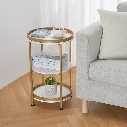 YEAKOO Nordic End Table, 3-Tier Round Side Table with Storage Shelf Edge Protection Tray, Sturdy Metal Frame Coffee Table Bedside Table for Living Room Bedroom Small Spaces (White & Gold) thumbnail 8