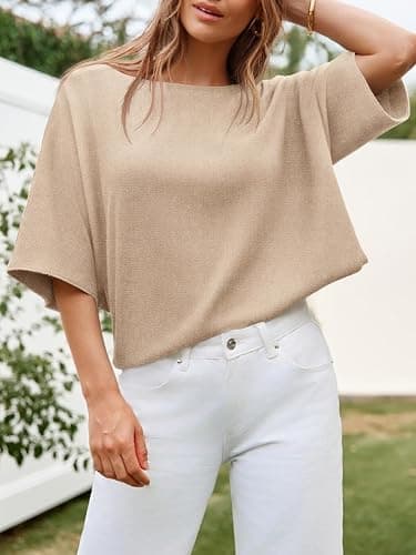 Khaki Size Small Cicy Bell Womens Oversized Short Sleeve Sweaters Tops Knit Fall Pullovers | Half Sleeve Trendy Casual Loose Fit Sweater, Heart&ploka dot&floral pattern,Knitted Boat Neck Work Top for Teachers thumbnail 3