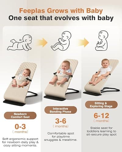 Feeplas Baby Bouncer, Bouncer Seat for Babies 0-12 Months, Ergonomic Rocking Chair with Detachable Hanging Bar, 3-Height Adjustments, Foldable & Portable Infant Rocker, Machine Washable Fabric, Beige thumbnail 2