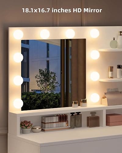 LIVELYGLOW White Makeup Vanity Desk with Charging Station & 4 Drawers | 10 LED Bulbs, HD Mirror, Cushioned Stool, Hairdryer Rack thumbnail 8