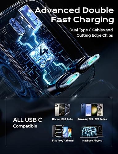 LISEN 【Upgraded Dual Type-C 】 Retractable Car Charger 4 in 1, 69W Fast Car Charger USBC Cargador para Carro for iPhone 17 Pro Max Air, Retractable Charger for Car fit iPhone 16 15 Pro Air, Black thumbnail 8