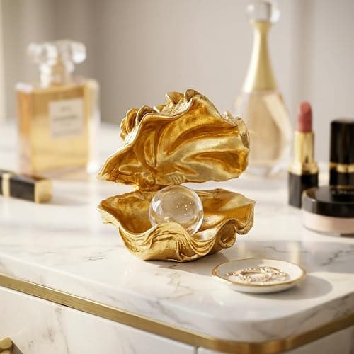 Zhao Xiang Pearl Oyster Statues Home Decor Accent Gold Decorations | Coastal Resin Gold Decor Figurine, Seashell Decor for Gold Desk Accessories, Bathroom Decorations, Dressing Table Shelf Decor thumbnail 7
