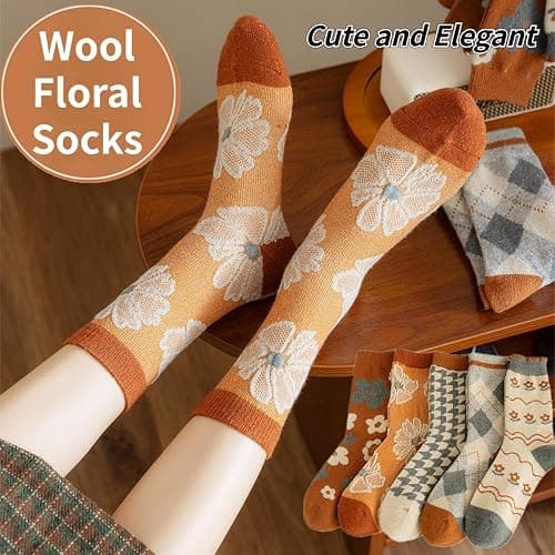 FORJMMP 5/10 Pairs Wool Socks for Women Thick Knit Vintage Cute Floral Crew Socks thumbnail 4