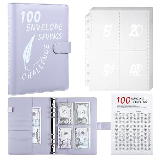 MUQING 100 Envelopes Money Saving Challenge Binder, Inside Sheets Silkscreen, Reusable Tracker, Money Saving $5050 Binder (Purple) - Image 1