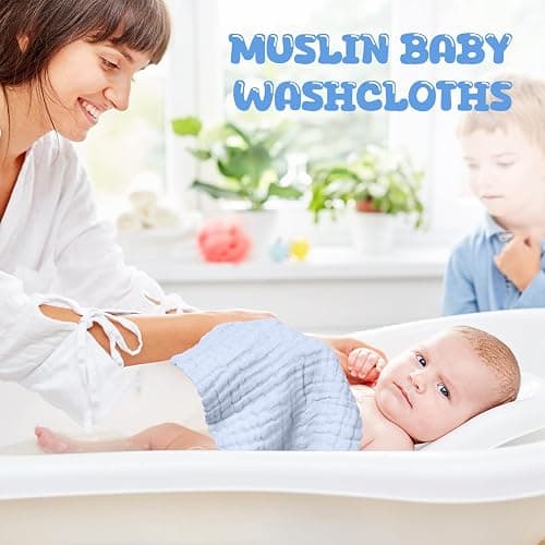 Breling 20 Pcs Baby Muslin Washcloth 12x12 in, White, Light Blue, Blue | 100% Cotton,Soft and Absorbent Burp Cloth, Wipe Newborn Face Body Towel, for Baby Boy Girl Sensitive Skin thumbnail 5