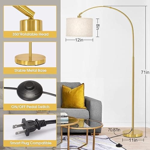 Gold Floor Lamp, Arc Floor Lamp for Living Room with Adjustable Drum Lampshade, Modern Tall Standing Lamp with On/Off Foot Switch, Over Couch Arched Reading Light for Reading, Bedroom, Office thumbnail 2