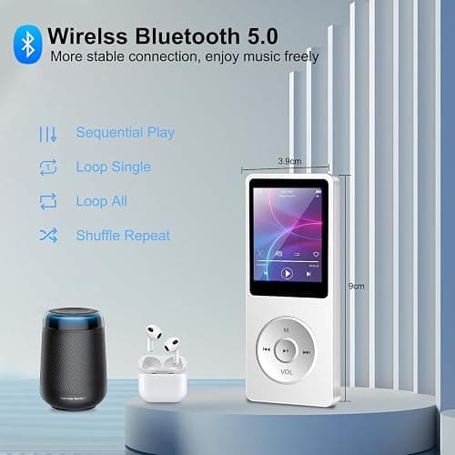 MP3 Player with Bluetooth 5.0, 1.8 inch Screen Portable Music Player with HD Speaker, HiFi Music Supports FM Radio, Voice Recorder, Supports Expanded Up to 128GB(White, 32GB) thumbnail 2