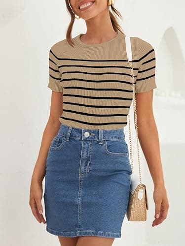 ZESICA Women's Short Sleeve Crewneck Striped T Shirt 2025 Summer Ribbed Knit Slim Fit Casual Basic Tee Tops thumbnail 2