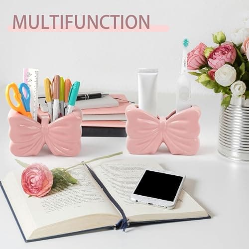 Zaposcca Bow Toothbrush Holder, Pink Ceramic Multi-Purpose 2-Section Organizer for Bathroom, Kitchen, Bedroom, Office Decor thumbnail 5