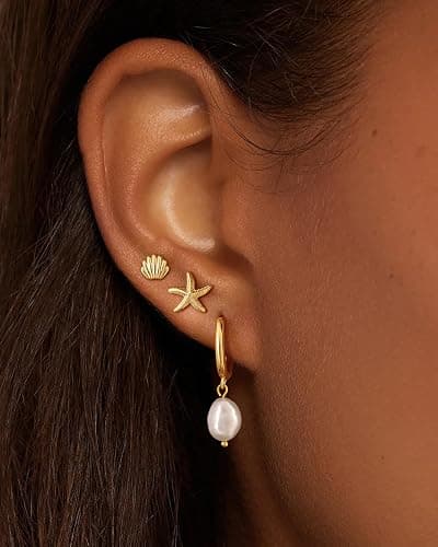 MBW Gold Starfish Earrings for Women, Small Dainty 14k Gold Plated Seashell Conch Pearl Hoop Dangle Earrings Stud Sets Beach Ocean Halloween Jewelry Gifts for Women Trendy thumbnail 2