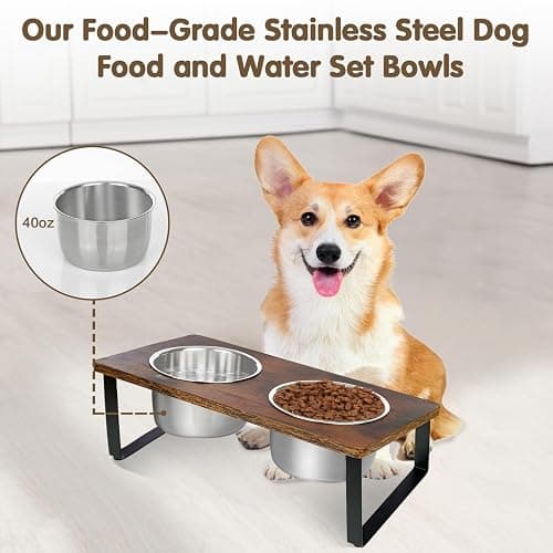 KEVIDEAWL Elevated Dog Bowls for Small Medium Wood Dogs Raised Bowl Stand with 2 Stainless Steel Deep Dog Food and Water Bowls, Anti Vomit, Non-Slip Feeding Dishes(Tilted，3 inches in Height, 40oz thumbnail 2