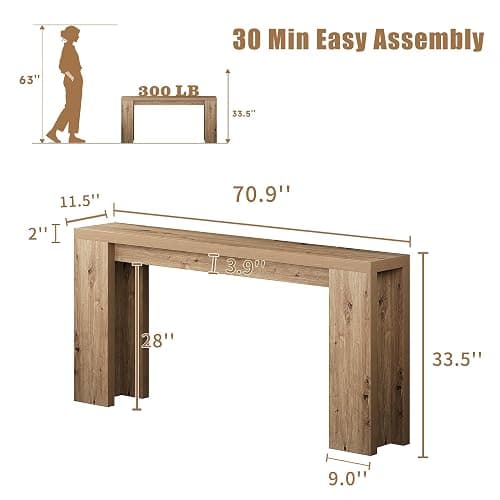 70.9 Inch Extra Long Console Table, Farmhouse Entryway Table with Thickened Base, Wood Sofa Table Behind Couch Table, Narrow Entryway Accent Table for Living Room, Hallway, Entrance, Foyer, Brown thumbnail 2