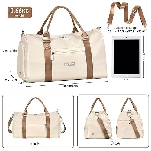 FIORETTO Womens Gym Tote Duffle Bag with Wet Pocket & Shoe Compartment, Sports Duffel Overnight Weekender Hospital Workout Carry on Bag for Girls, Ideal for Travel, Swimming, Dance, Ballet Beige - Beige & Brown - Gym Bag thumbnail 3
