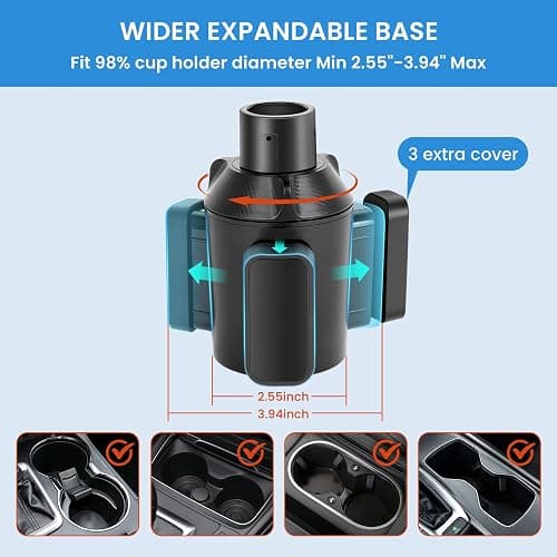 Cup Holder Expander for Car with Adjustable Holder & Base, Compatible with 10 to 64 oz Yeti Ramblers, Stanley, Hydro Flask, Nalgene, Hold 2.9" to 5.5" Large Bottles Mugs Food Drink, Car Cup Holder thumbnail 4